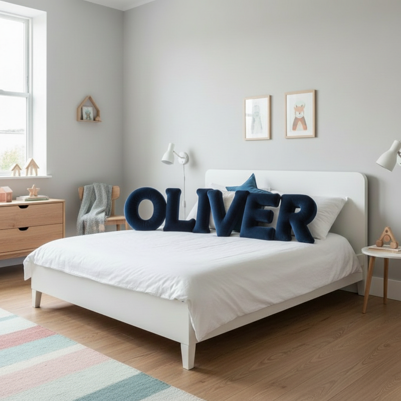 Dark Blue OLIVER Letters on Bed