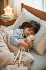 Kind kuschelt mit Princess Luna Puppe beim Schlafengehen