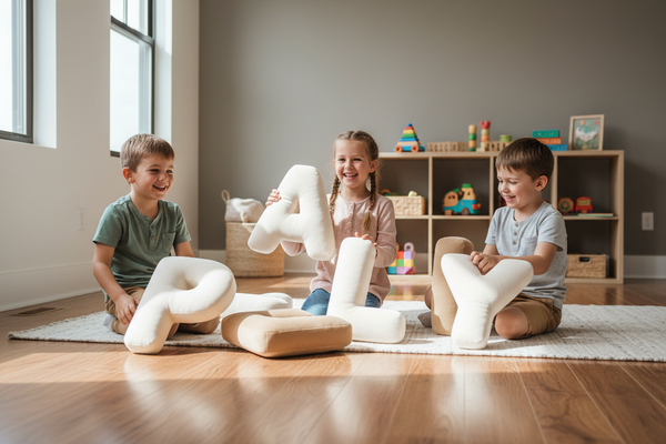Kinder spielen mit Off-White Buchstaben