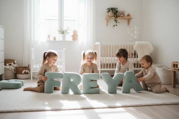Kinder spielen mit Pastell Mint Samt-Buchstaben