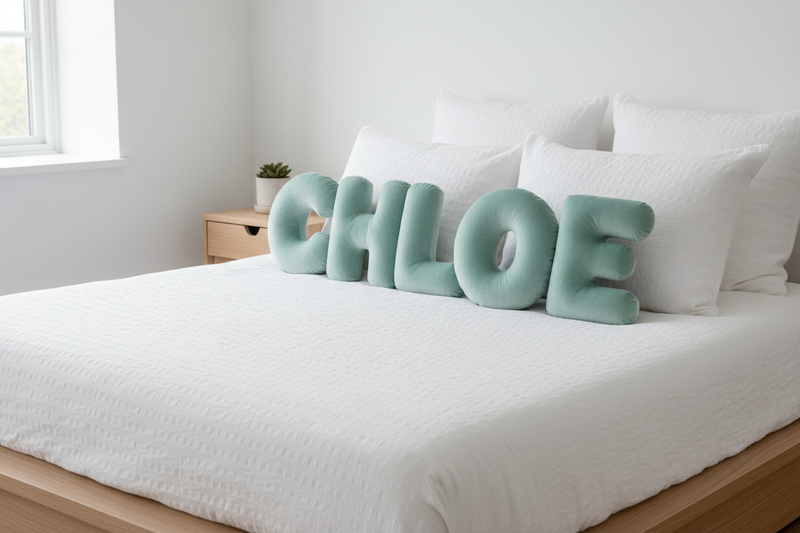 Pastell Mint Samt-Buchstaben auf dem Bett